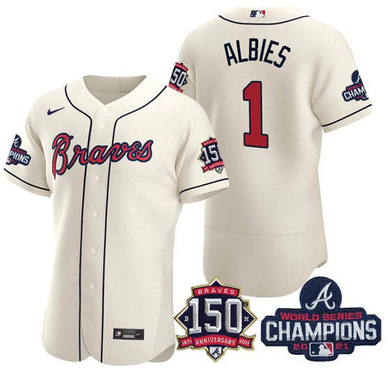 Men's Atlanta Braves #1 Ozzie Albies 2021 Cream World Series Champions With 150th Anniversary Flex Base Stitched Jersey Men's Atlanta Braves #1 Ozzie Albies 2021 Cream World Series Champions With 150th Anniversary Flex Base Stitched Jersey
